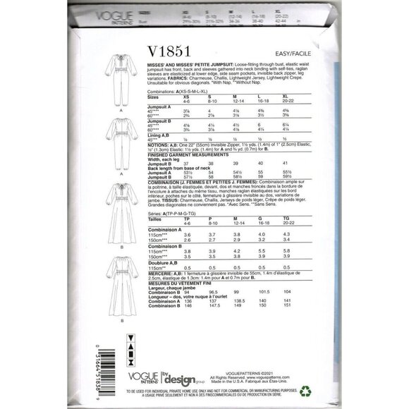 Vogue V1851 Misses or Petite XS to XL Jumpsuit Uncut Sewing Pattern - Picture 2 of 2